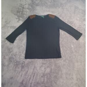 Lauren Ralph Lauren Sz XL Sweater Black Shoulder Ribbed Knit Long Sleeve C20-27